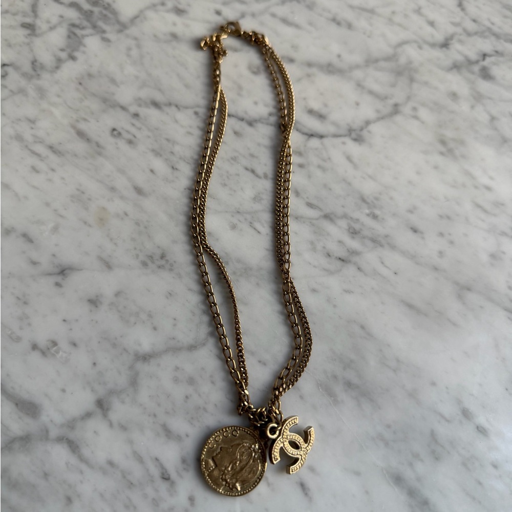 Authentic CHANEL Gold Double Charm Pendant Necklace